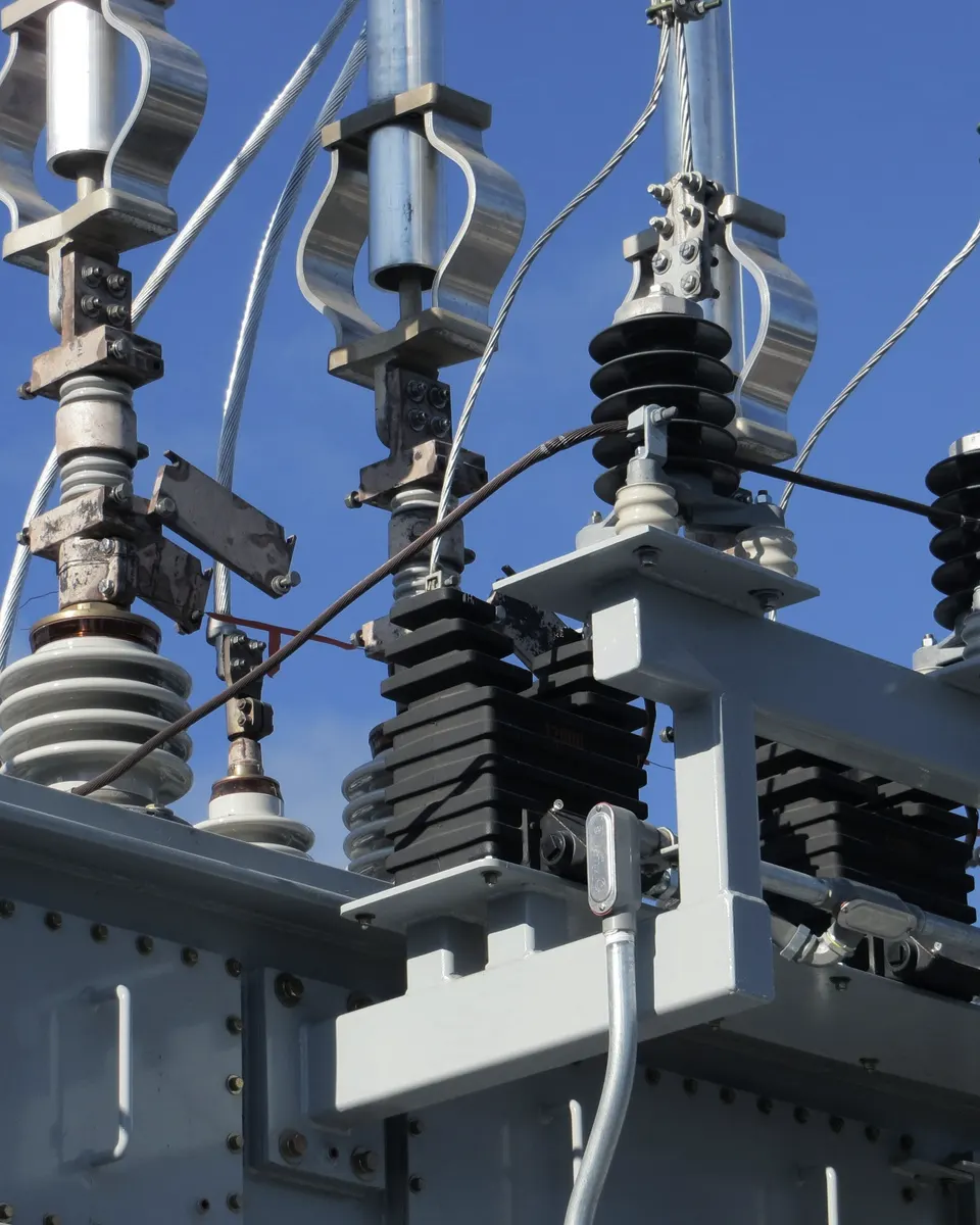Porcelain insulators and fittings on a transformer